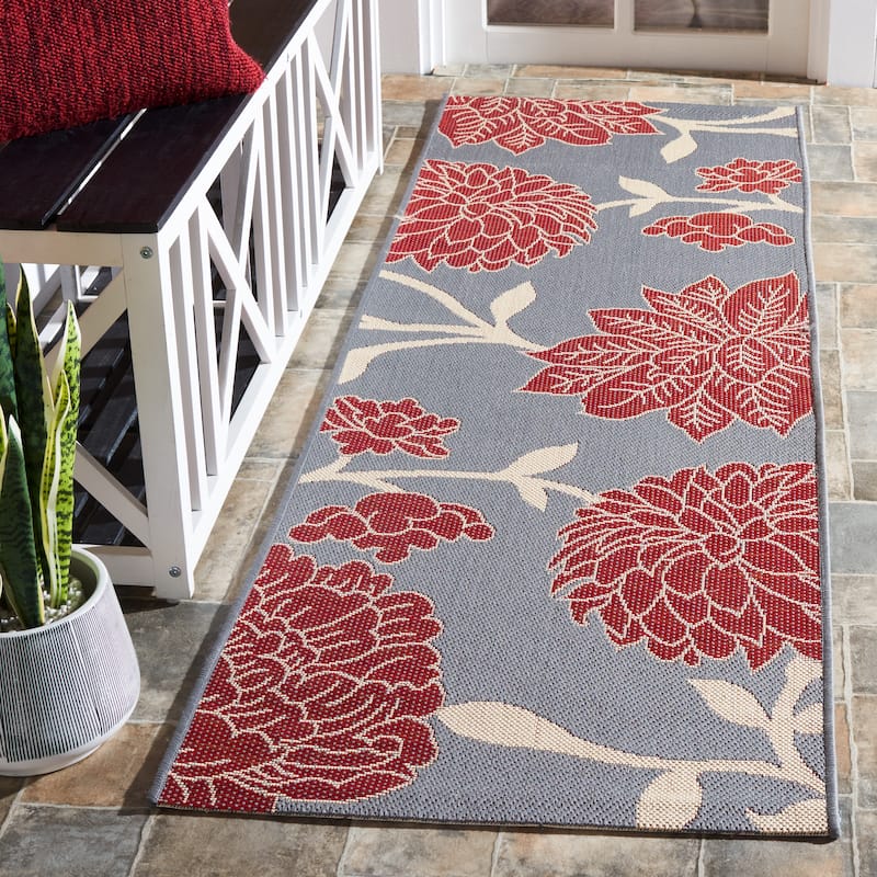 SAFAVIEH Courtyard Damaris Floral Indoor/ Outdoor Waterproof Patio Backyard Rug - 2'3" x 6'7" Runner - Anthracite/Red