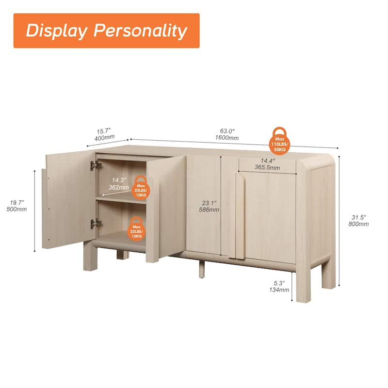 WAMPAT Mid-Century 63" Wood SideboardWAMPAT Buffet Cabinet With Storage, Modern Credenza With Doors And Adjustable Shelves