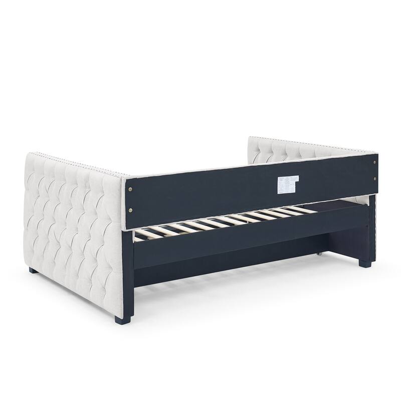 Tufted Daybed Upholstered Frame Sofa Bed with Button Copper Nail on Square Arms, and Pull-out Trundle Bed or Storage Drawers