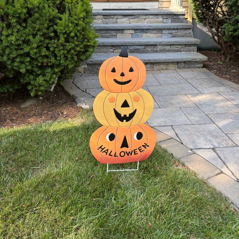 31" Fall Halloween Metal Triple Pumpkin Jack-o'-lantern Yard Stake