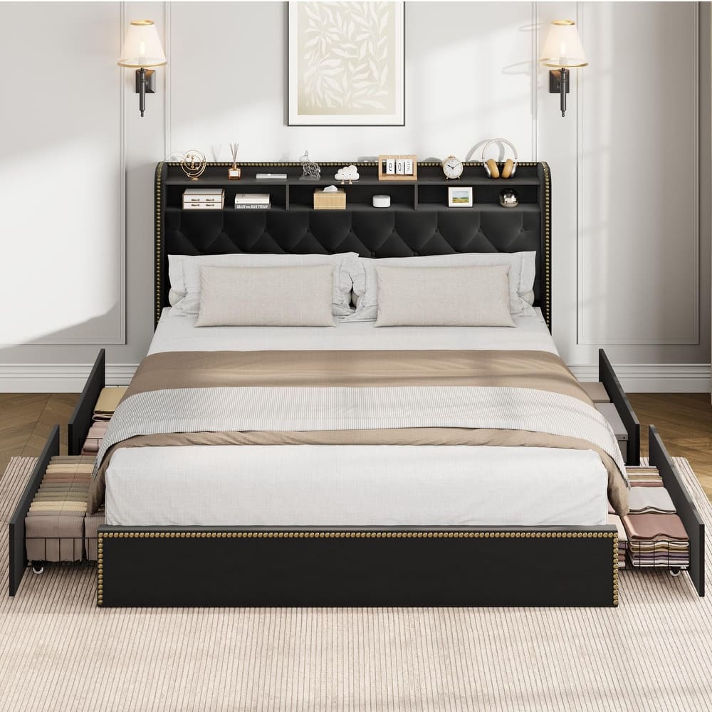 Velvet Bed Frame with 4 Storage Drawers
