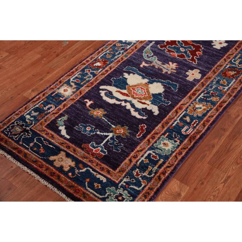 Hand Knotted Oriental 100% Wool Carpet Transitional All-Over Purples Oushak Runner Rug - 9' 11'' X 2' 10''