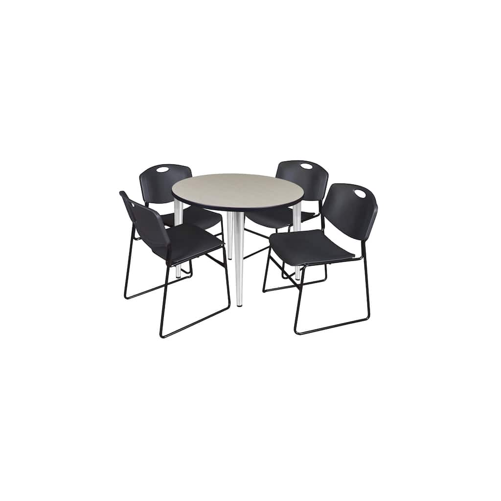 42 in. Round Breakroom Table- Maple Top, Chrome Base & 4 Stack Chairs- Black