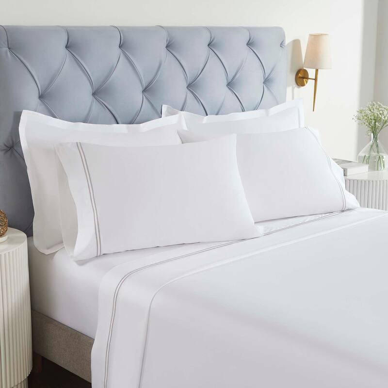 Superior Fieldstone Cotton Two-Line Embroidered Bed Sheet Set