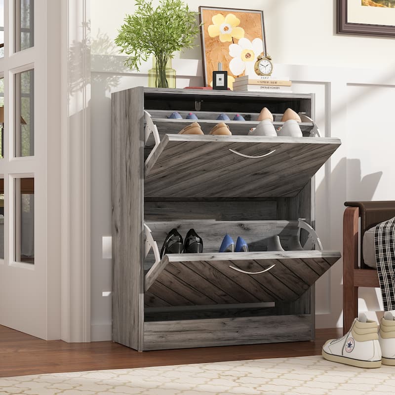 Timechee 8 Pair Shoe Storage Cabinet with 2 Drawers, Wood Color