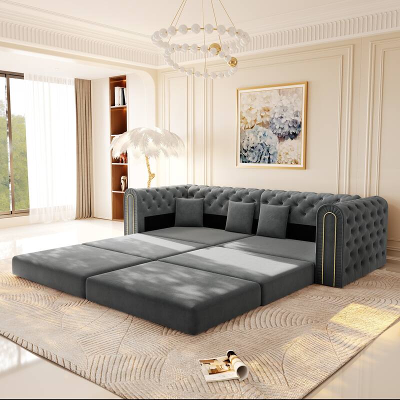 GDFStudio - 90.6" 3-in-1 Convertible Velvet Sleeper Sofa with Movable Ottoman