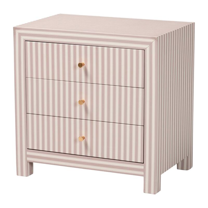 Javianne End Table with Striped Faux Leather - 3-Drawer Storage Cabinet with Gold Knobs - White/Beige/Brass