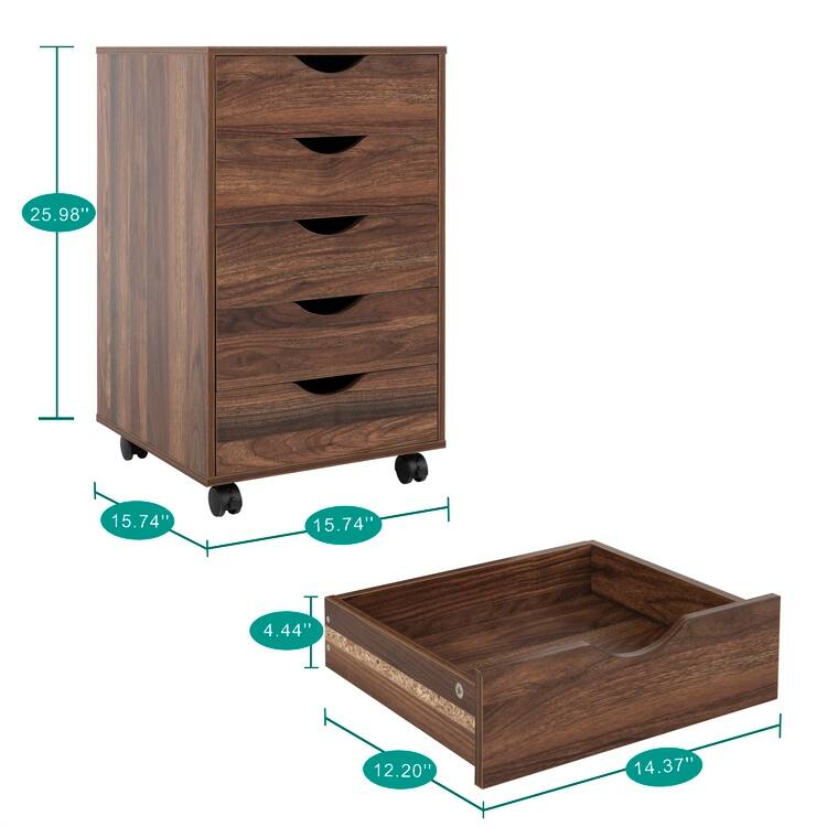 5 Drawers Chest, Wood Storage Dresser with Wheels, Craft Storage Organizer and Storage Drawer Office Drawer Unit