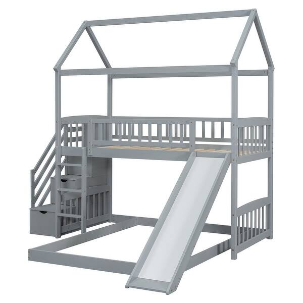 slide 2 of 40, House Bunk Bed with Slide and Stair, Wooden Twin Over Twin Bunk Platform Bed with 2 Storage Drawers and Roof for Kids Gray - Twin