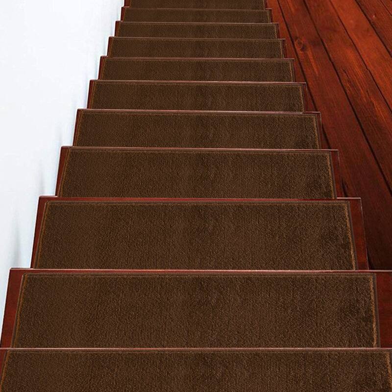 SUSSEXHOME Geometric Stair Treads with Easy to Install Double Adhesive Tape 9" x 28" - 10-PACK - Solid Brown