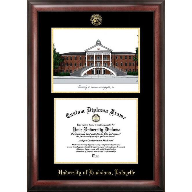 University of Louisiana-Lafayette 11w x 8.5h Gold Embossed Diploma frame with Campus Image