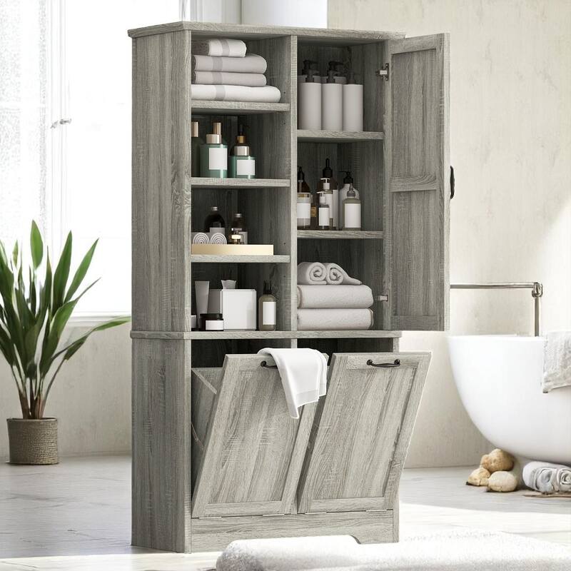 Bathroom Storage Cabinet with Tilt-Out Laundry Hampers, Adjustable Shelves & Door, Freestanding MDF Organizer