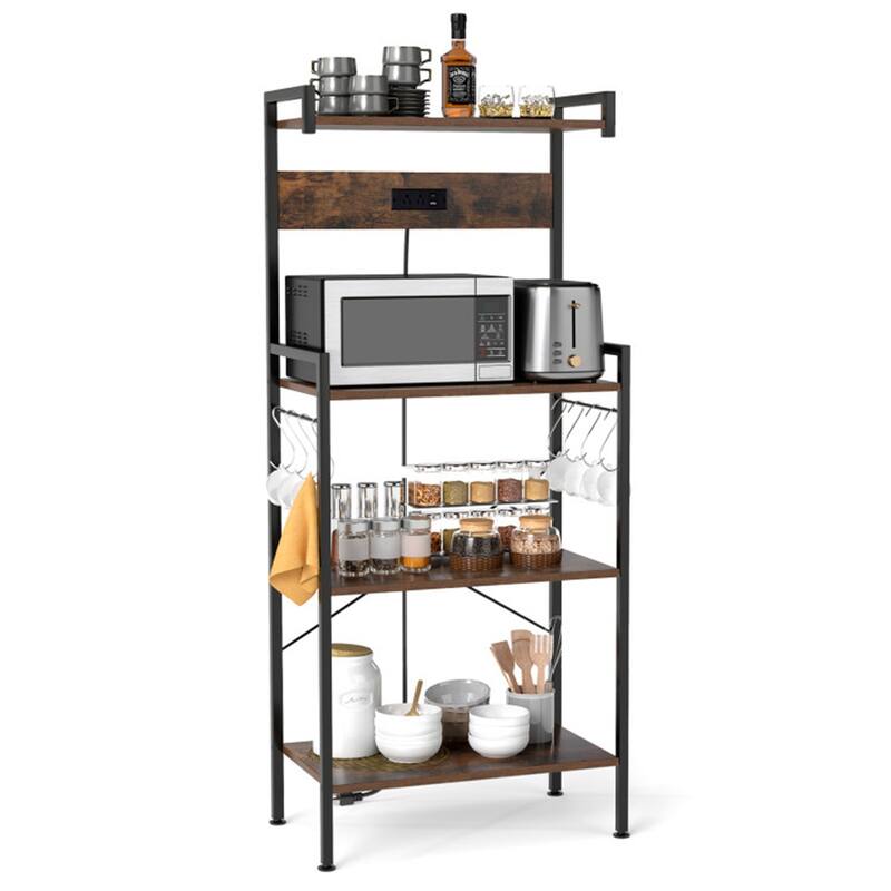 4-Tier Rustic Brown Kitchen Bakers Rack with Built-in Charging Station and Hooks Safety Rails - 23" × 13" × 54" (L x W x H)