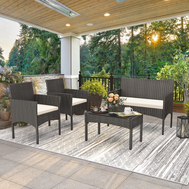 EROMMY 4-Piece Wicker Patio Furniture Set, Outdoor PE Rattan Sofa Set with Cushions & Table, Conversation Set for Backyard,Porch - Premium - Black