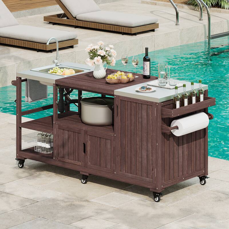 75.4" Rolling Outdoor Kitchen Island with Stainless Steel Top, Premium Solid Wood Grill Cart with Sink and Wheels for Outdoor