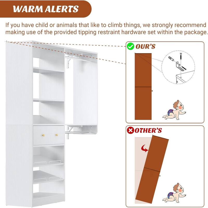 5FT Closet System with 2 Hanging Rods and Wooden Drawer, Walk-in Closet Organizer with 2 Wing Shelve and Adjustable Rack Shelves