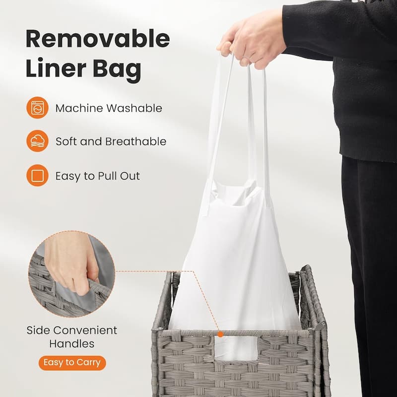 Laundry Hamper with Lid, Synthetic Rattan Clothes Laundry Basket with Lid and Handles, Foldable, Removable Liner