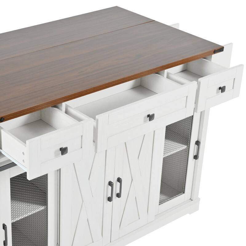 58-inch Farmhouse Kitchen Island with Storage, Sliding Barn Door & Metal Grid Side Door