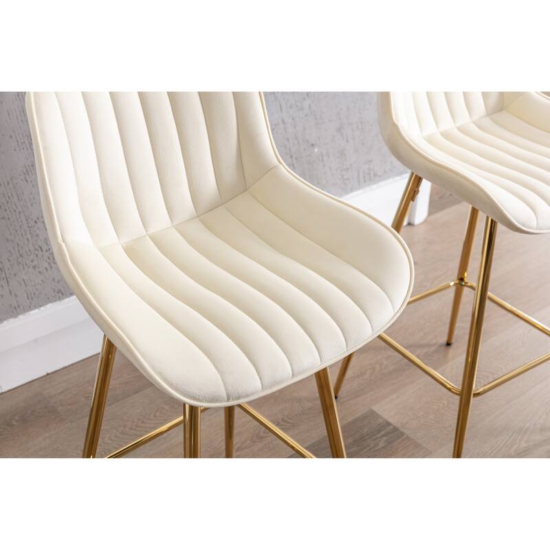 26 Inch Set of 2 Bar Stools,with Chrome Footrest Velvet Fabric Counter Stool Golden Leg Simple Bar Stool,CREAM