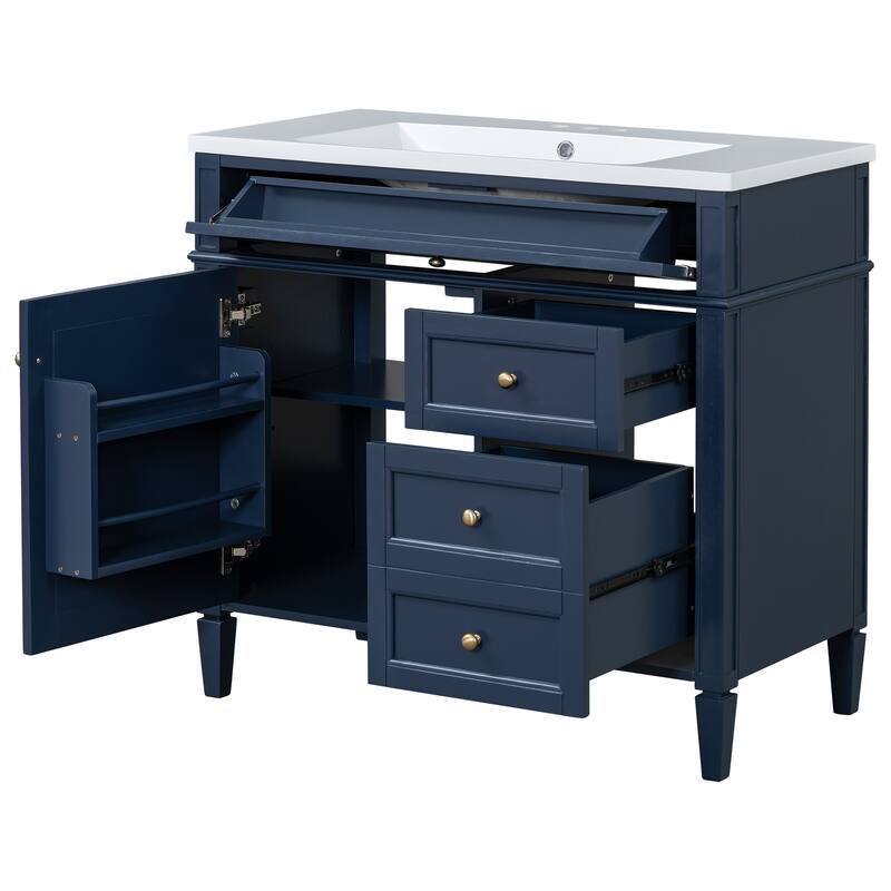 GDFStudio - Kendale Modern Bathroom Vanity Set with Resin Sink, Mirror Storage Cabinet with 6 Open Shelves & a Tip-out Drawer