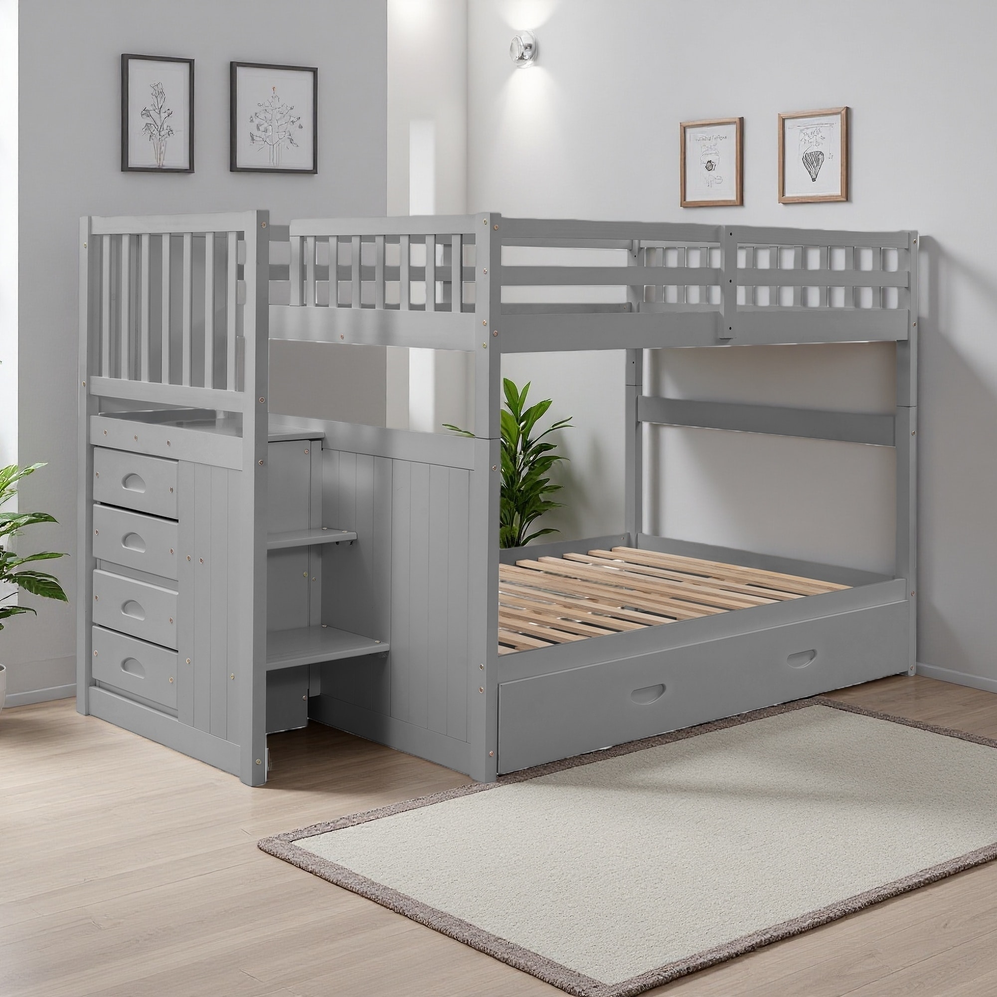 Full over Full Solid Wood Bunk Bed, Twin Trundle, Staircase & 4 Drawers