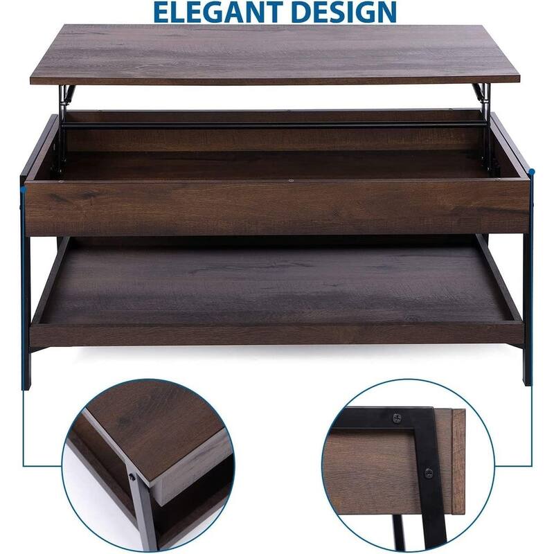 Caffoz Lift Top Coffee Table 2 Tier Wood Design with Hidden Compartment, Living Room Center Table with Extra Storage Space