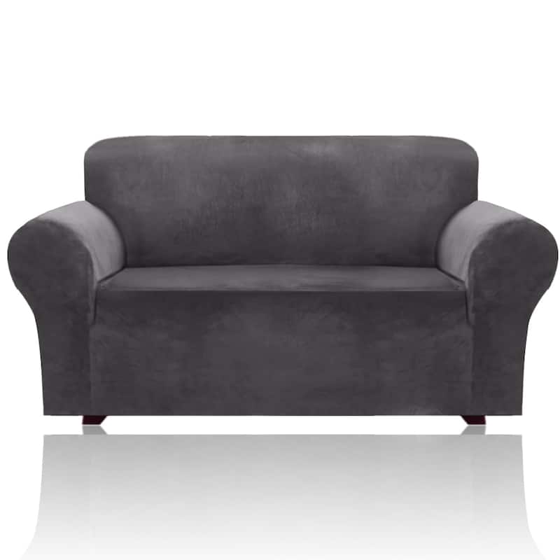 1-Piece Stretch Velvet Plush Sofa Slipcover - Loveseat Cover, Gray