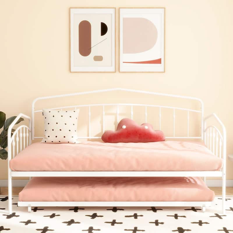 Twin Metal Daybed with Trundle and Easy-Glide Casters, White, No Box Spring Needed, Durable Slats Support, Anti-Noise Design