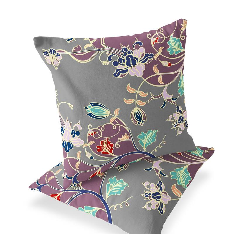 HomeRoots Set of Two 16" X 16" Gray and Purple Blown Seam Floral Indoor Outdoor Throw Pillow - 16.00' X '16.00' X '5.00