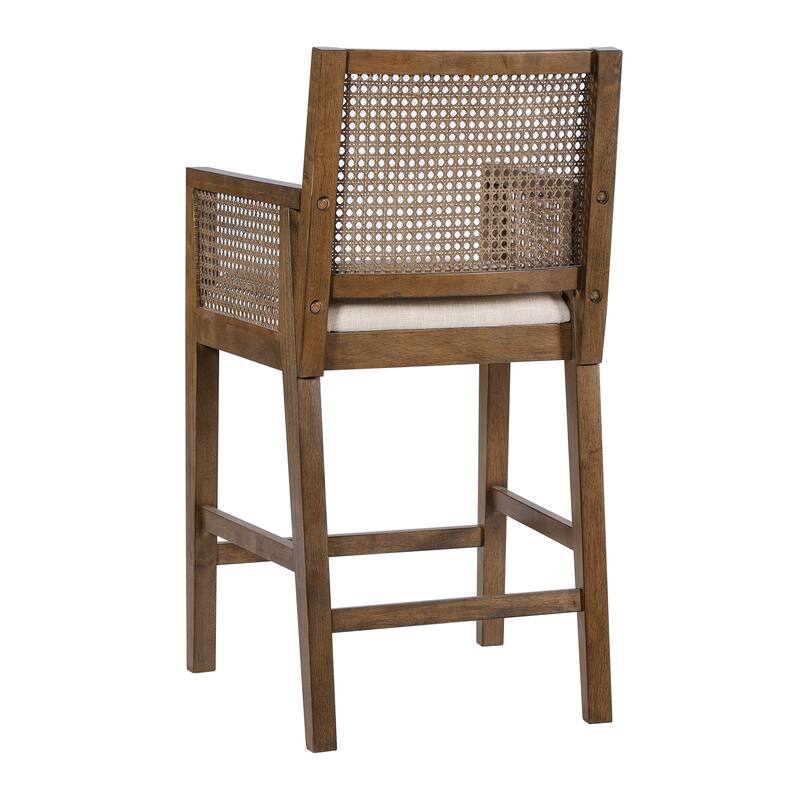 Christopher Knight Home - French Country Wood & Rattan Counter Stools with Upholstered Seat and Arms - Set of 2