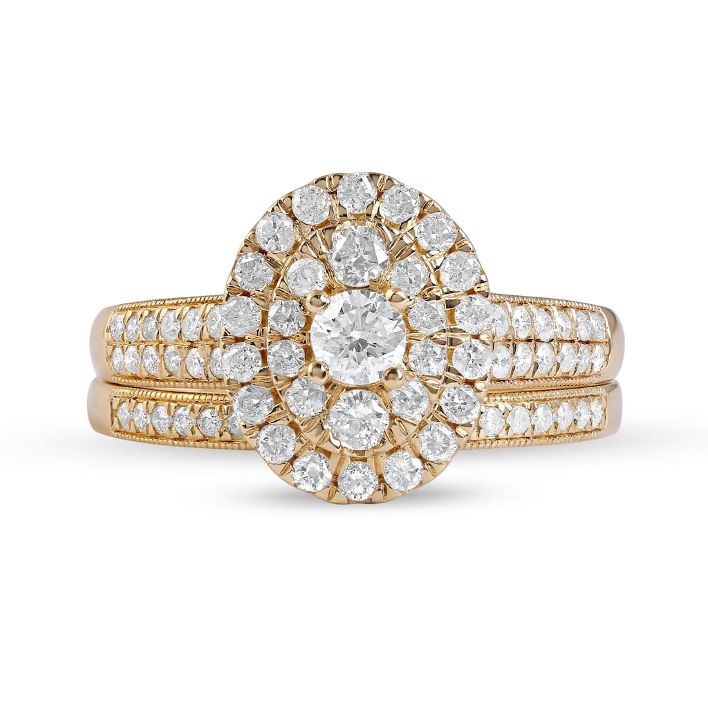 IGI Certified 1ct TDW Diamond Oval Frame Halo Bridal Set in 14K Gold for Women