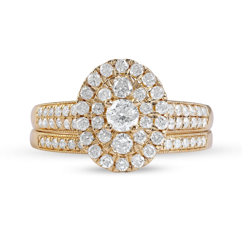 IGI Certified 1ct TDW Diamond Oval Frame Halo Bridal Set in 14K Gold for Women
