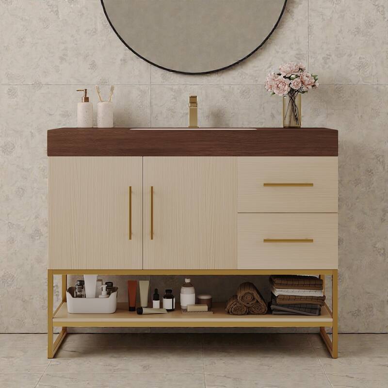 36 Inch Modern Bathroom Vanity with Seamless Ceramic Sink, Freestanding Cabinet with Gold Accents and Storage