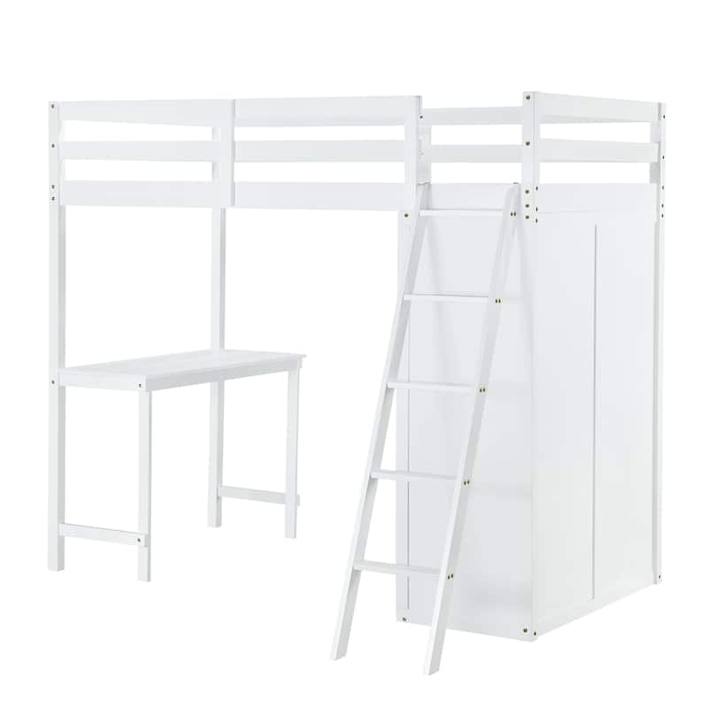 Twin/Full Size Loft Bed with Wardrobe and Desk, Durable Rubber Wood Frame