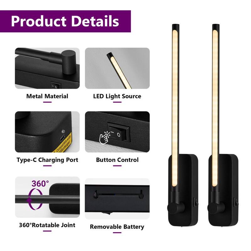 21'' Battery Operated Wall Sconces With Remote Rechargeable Black Dimmable Light Sconces (Set Of 2)