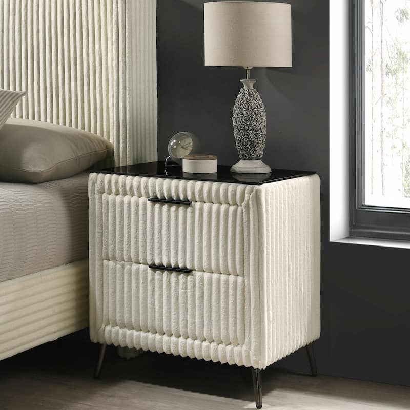 Corduroy Nightstand - Upholstered w/ 2 Drawers - Cream White