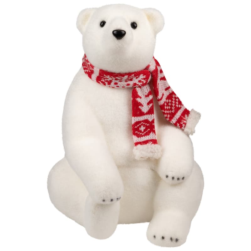 Sitting Polar Bear with Scarf Christmas Figure - 12.25" - White and Red