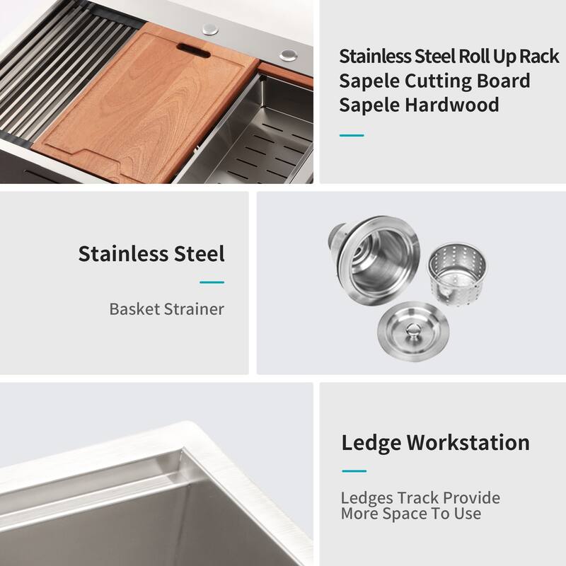 Drop in Kitchen Sink Stainless Steel 16 Gauge Workstation Sink Drop-in Topmount Single Bowl Kitchen Sink