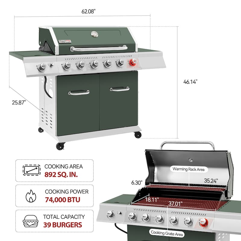Royal Gourmet 6-Burner Cabinet Style Grill Gas Grill with Sear & Side Burner, 74000BTU, Olive Green