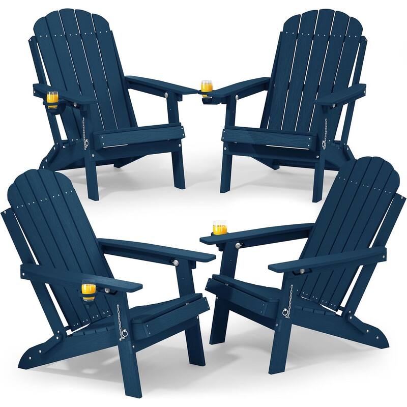 WINSOON Outdoor All-Weather HDPE Folding Adirondack Chair with Cup Holder & Adjustable Back Set of 4 - Navy