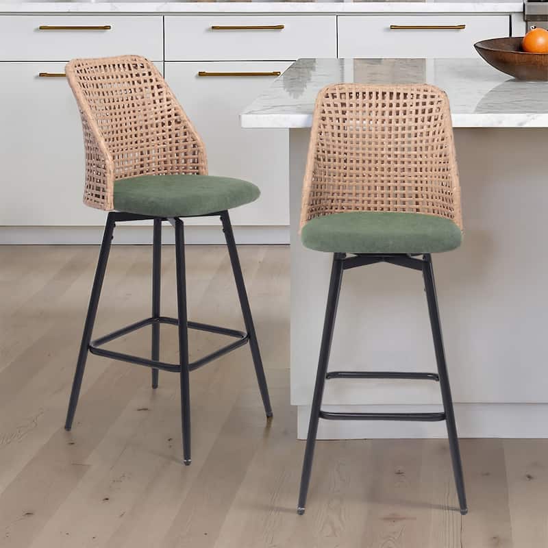 2 Set Wicker 27" Upholstered Counter Bar Stool With Back - Green