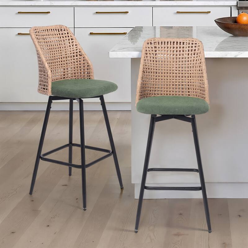 28"/29" Set of 2 Rattan Counter Height Swivel Bar Stools Chenille Cushion - Green-28.6" - Set of 2