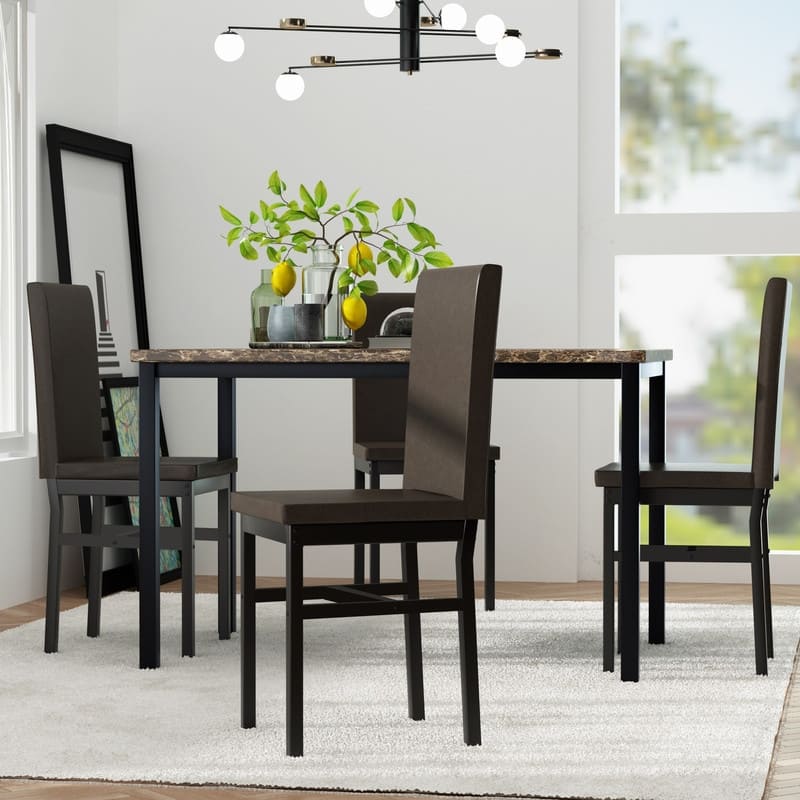 Grondin Modern Contemporary 5 Pieces Dining Table Set with Faux Marble Top and 4 PU Leather Upholstered Chairs