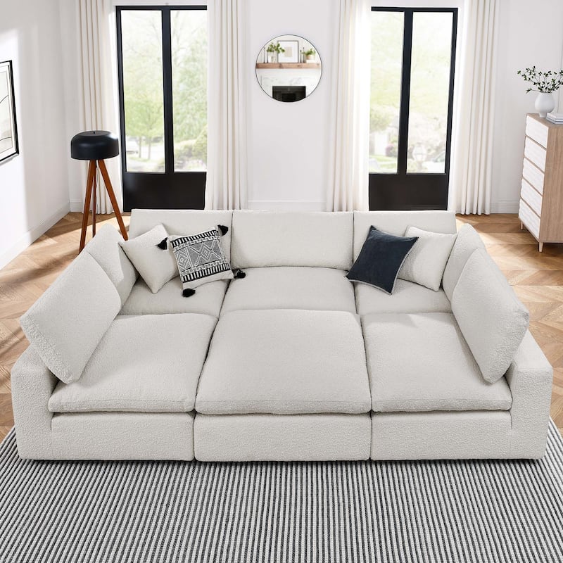 Commix Down Filled Overstuffed Boucle Fabric 6-Piece Sectional Sofa - Ivory