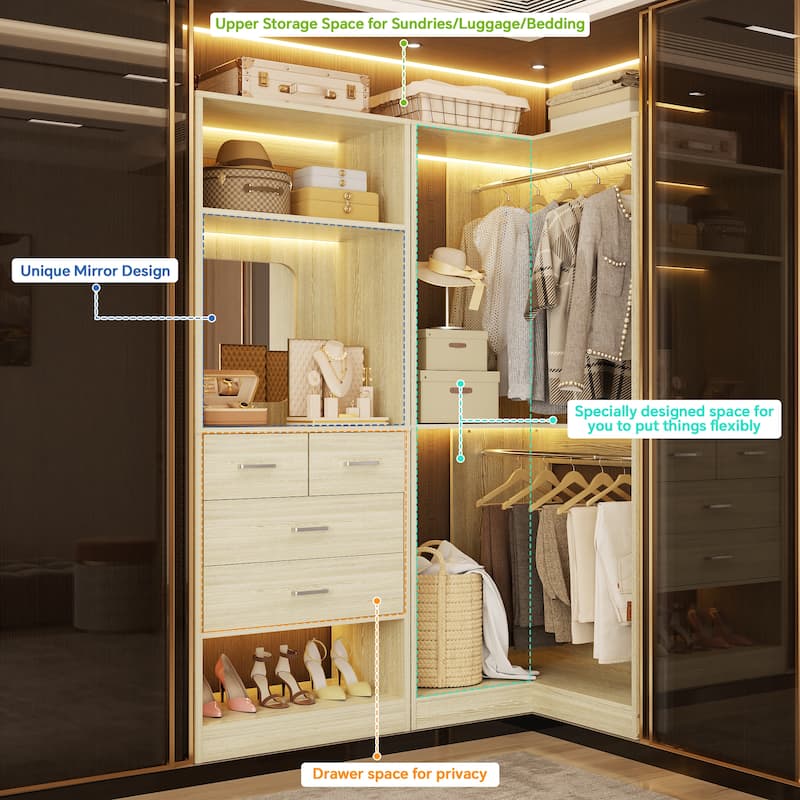 Cimly Set of 2 Corner Closet System WITH Drawers, Freestanding Closet Organizer with Hanging Rods and Shelves