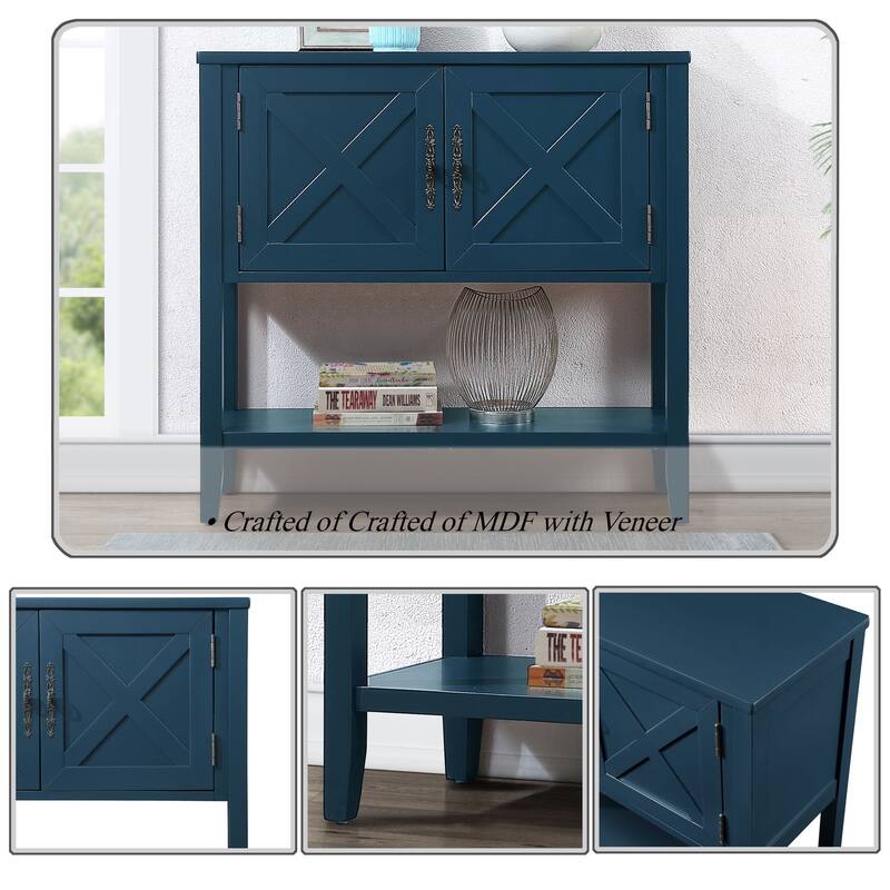 35'' Farmhouse Wood Buffet Sideboard Console Table with Bottom Shelf and 2-Door Cabinet - Navy Blue