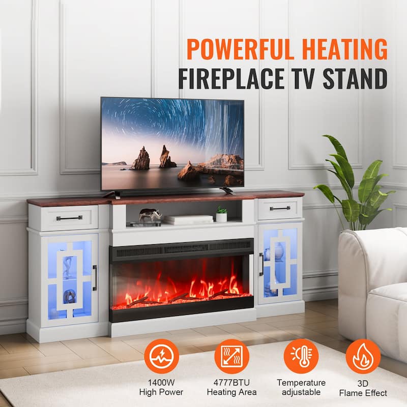 80 Inch Fireplace TV Stand with LED Lights Remote Control and Timer - 70 x 15.51 x 32.60 in