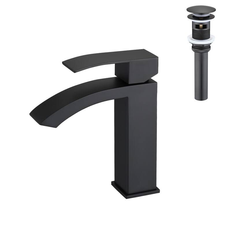 Waterfall Spout Bathroom Sink Single Handle Faucet with Pop-Up Drain (with Overflow) - Matte Black