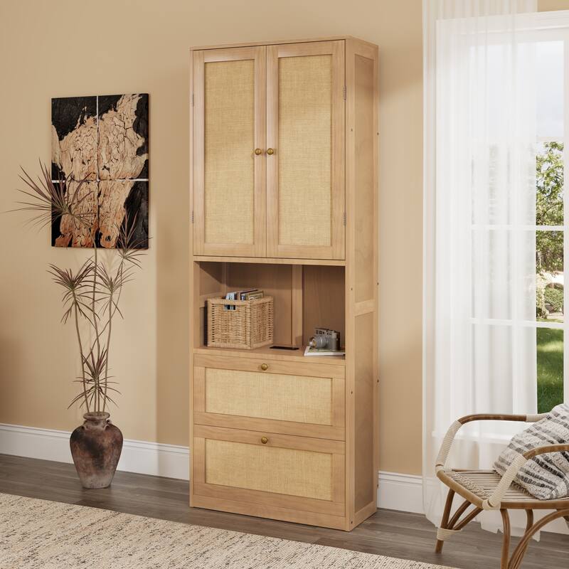 2 Doors Bookshelf with USB Port and 3 Drawers Side Cabinet Storage Shelves