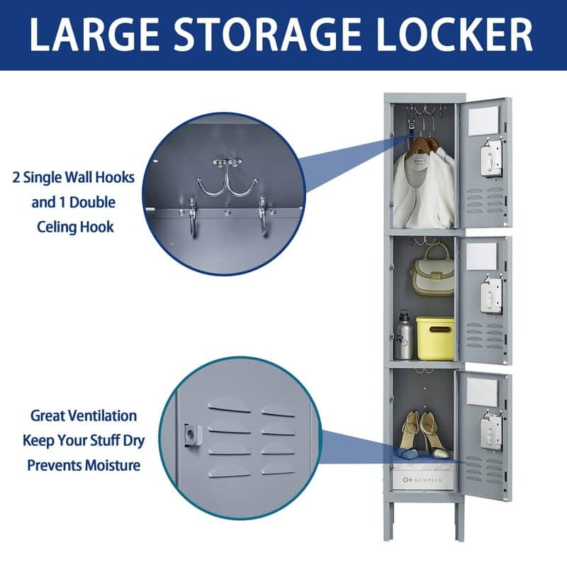 3 Door 66"H Metal Lockers for Employees,Storage Cabinet With Hooks and Ventilation For School,Garage,Gym,Office